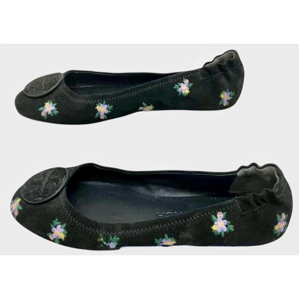 Tory Burch Minnie Travel Ballet Flats Womens 8M Black‎ Floral Suede Excellent